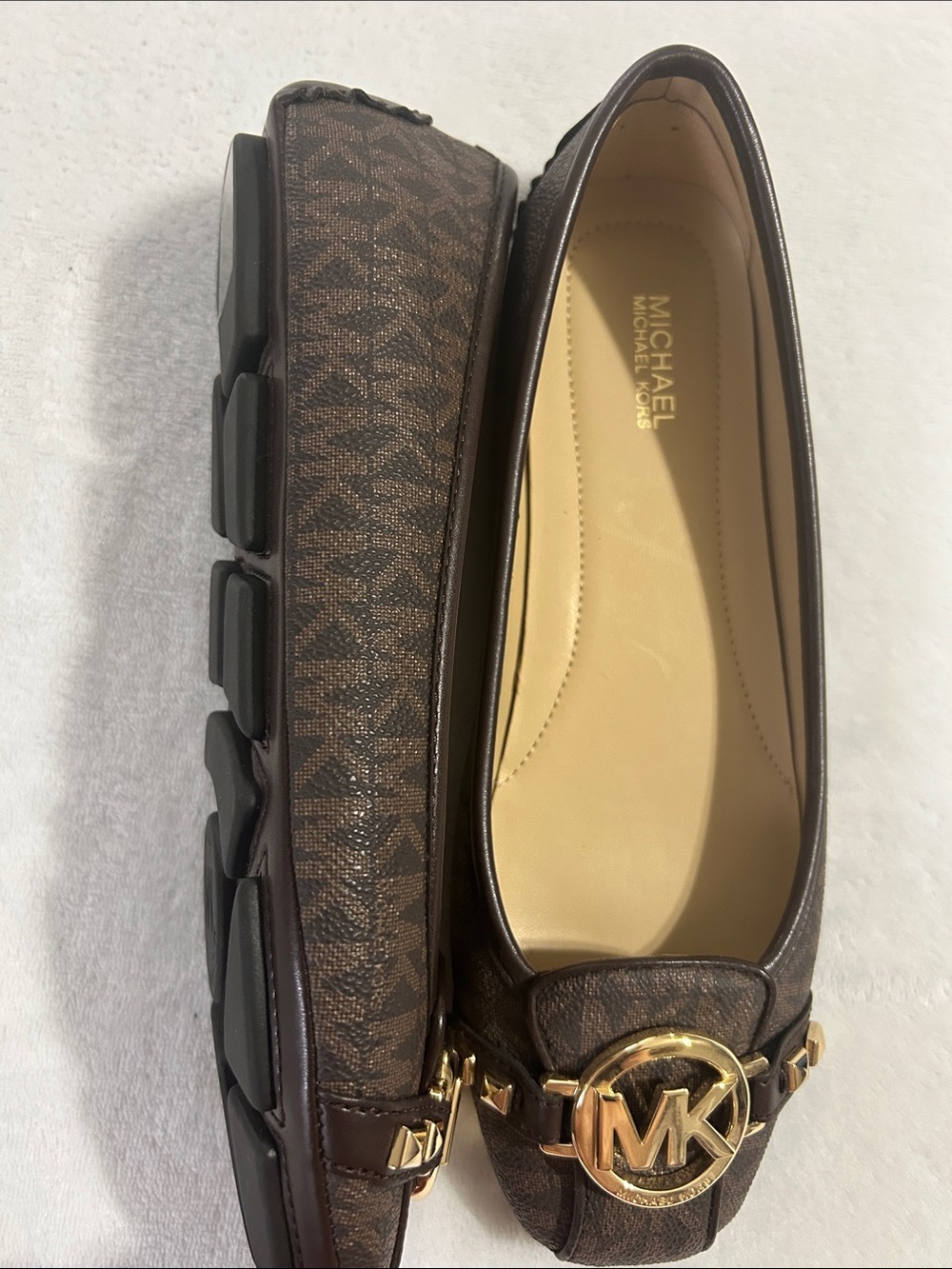 Michael Kors Brown Logo MK Leather Ballet Flats with Gold Emblem - Picture 2 of 3
